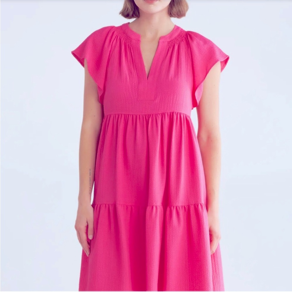 Calvin Klein Tiered Midi Gauze Dress Size 14 Pink Babydoll